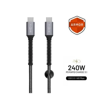 Nabíjecí a datový odolný kabel FIXED Armor s konektory USB-C/USB-C a podporou PD, 1.2 m, USB 2.0, 240W, šedý Must-Have