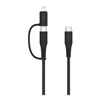 Originální Dlouhý nabíjecí a datový opletený kabel FIXED s konektory USB-C/USB-C a Lightning adaptérem, PD, 2m, MFi, PD 60W, šedý