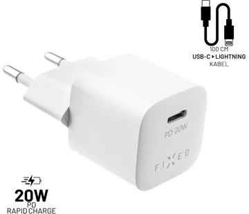 Nakupujte Hned Set síťové nabíječky FIXED Mini s USB-C výstupem a USB-C/Lightning kabelu, podpora PD, 1 metr, MFI, 20W, bílý