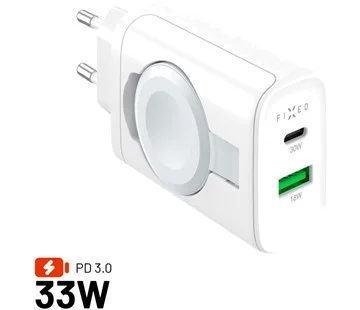 Expresní Doručení Síťová nabíječka FIXED Power Socket s USB-A a USB-C výstupem a vyklápěcí nabíječkou pro Apple Watch, 33W, bílá