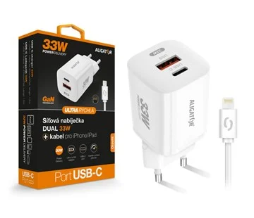 Víkendová Akce Chytrá GaN síťová nabíječka ALIGATOR Power Delivery 33W, USB-C / USB-A, USB-C kabel pro iPhone/iPad, bílá