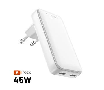 Nakupujte Hned Síťová GaN nabíječka FIXED Slim s 2x USB-C výstupem a podporou PD, 45W, bílá
