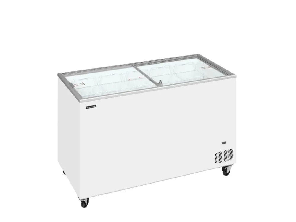 Omezená Nabídka TEFCOLD IC402SC – Prosklený pultový mrazák, 2-rovná posuvná víka, LED, 350 l, bílý
